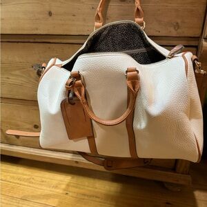 Sole Society White Pebbled Leather Duffel with Tan Trim